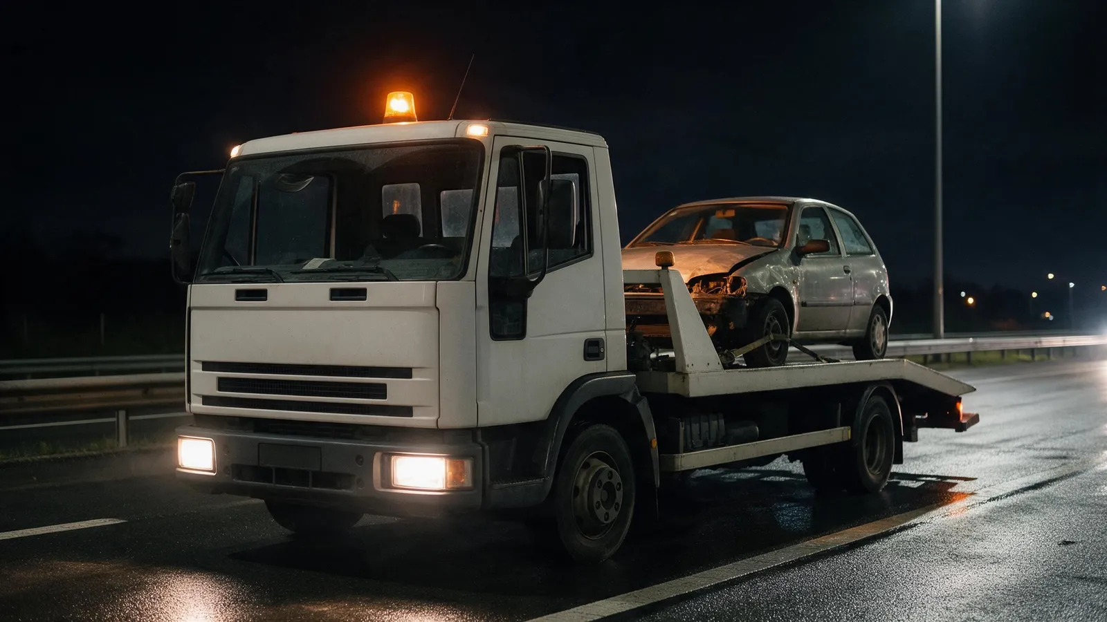 Guincho plataforma amarelo rebocando um carro à noite em rodovia molhada — Auto Socorro Cristiano